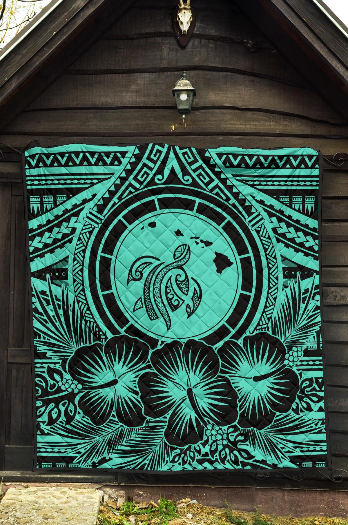 Hawaii Premium Quilt - Hawaii Map Honu Hibiscus Turquoise Polynesian Premium Quilt - Polynesian Pride