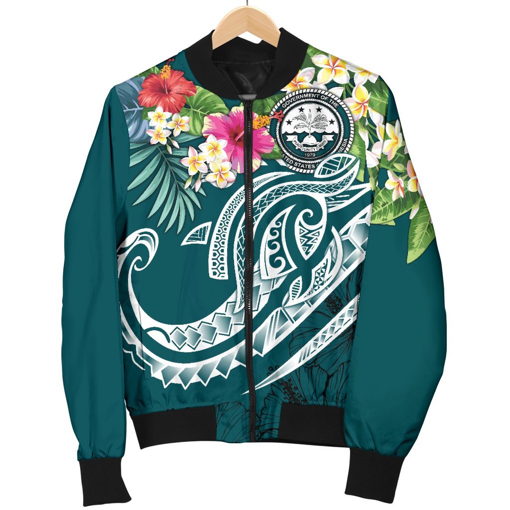FSM Polynesian Men's Bomber Jacket - Summer Plumeria (Turquoise) - Polynesian Pride