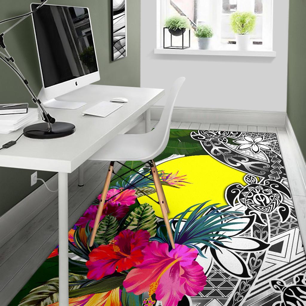 Palau Area Rug White - Turtle Plumeria Banana Leaf - Polynesian Pride