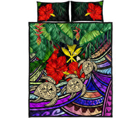 Kanaka Maoli (Hawaiian) Quilt Bed Set - Polynesian Turtle Colorful And Hibiscus Coloful - Polynesian Pride