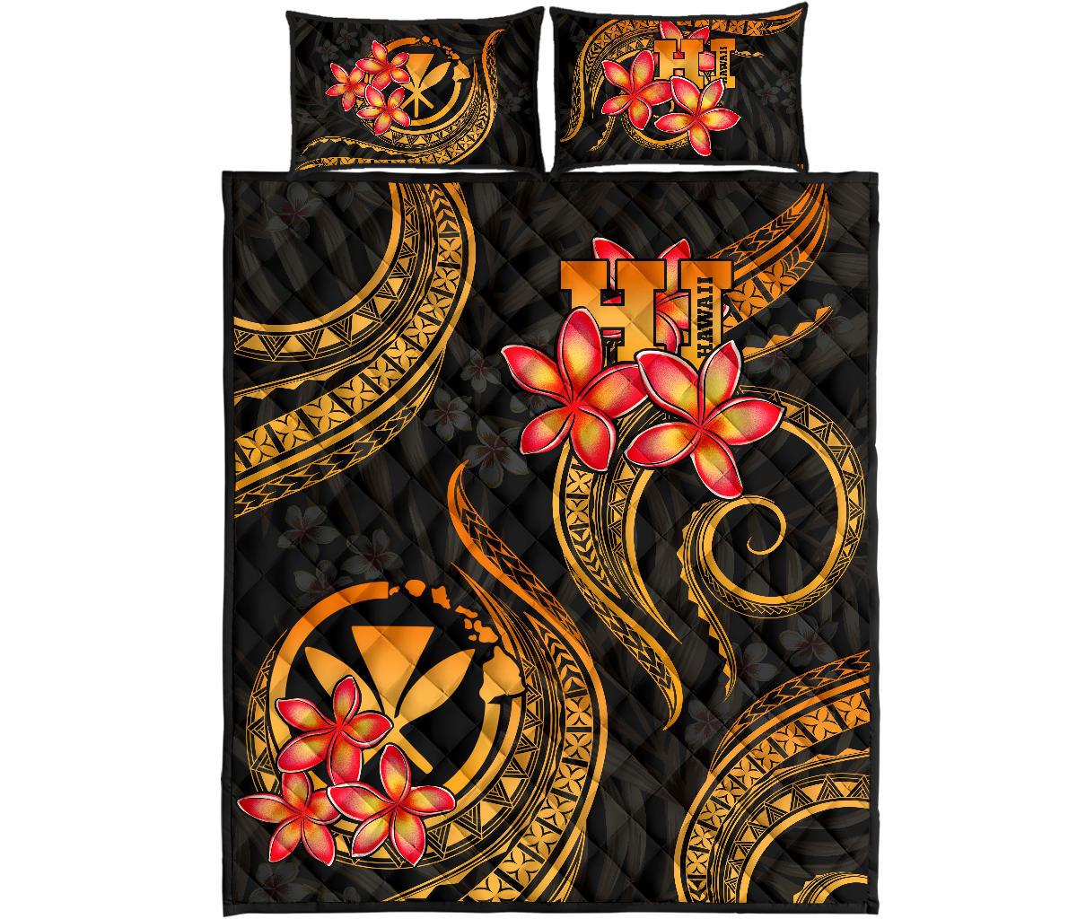Polynesian Hawaii Quilt Bed Set - Gold Plumeria - Polynesian Pride