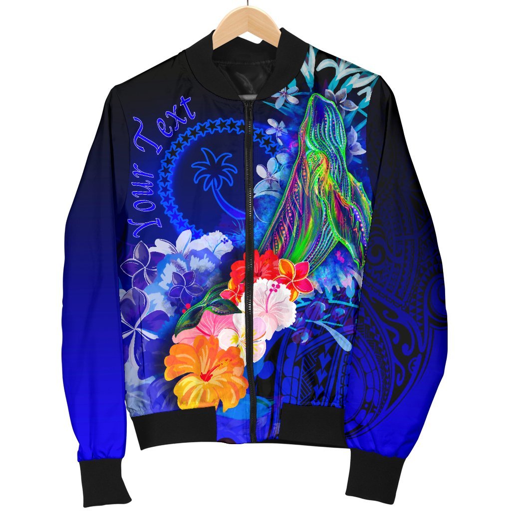 Custom Personalised Chuuk Men's Bomber Jacket - Humpback Whale with Tropical Flowers (Blue) - Polynesian Pride