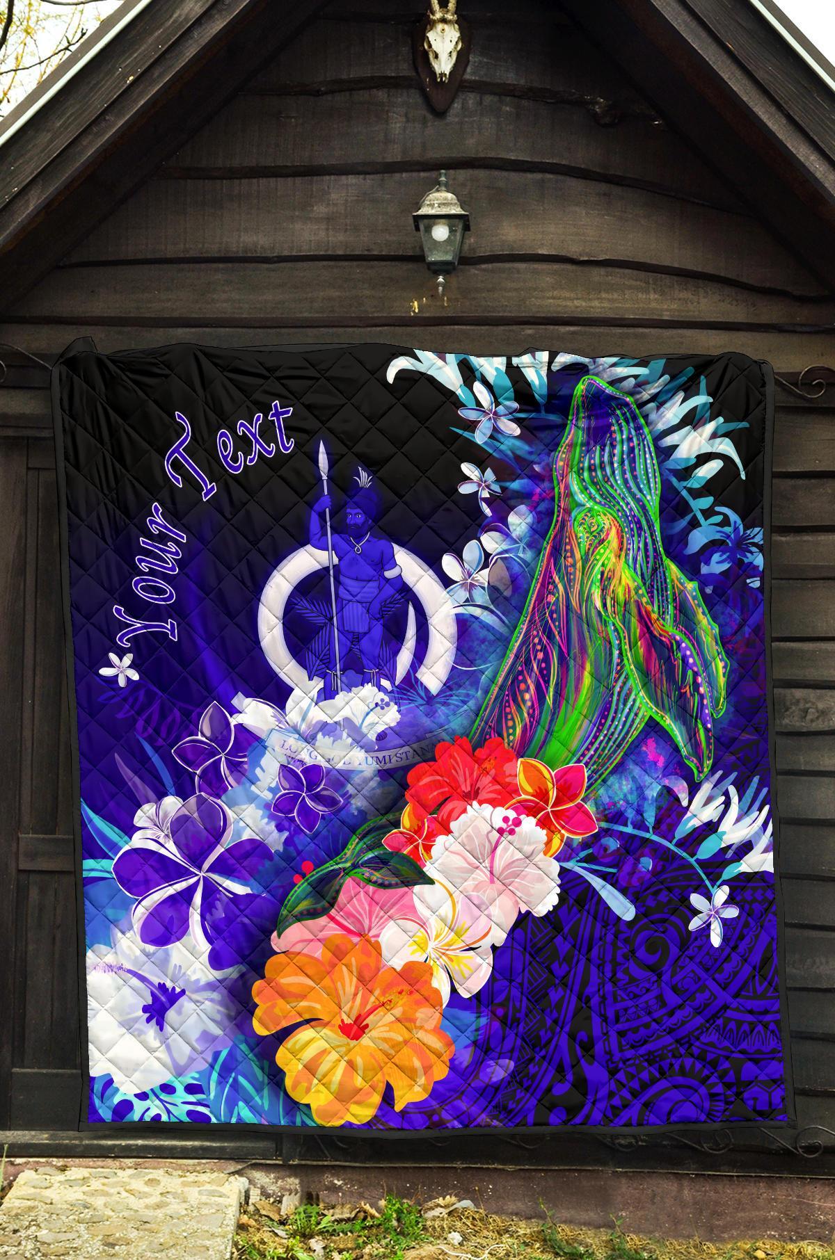 Vanuatu Custom Personalised Premium Quilt - Humpback Whale with Tropical Flowers (Blue) - Polynesian Pride