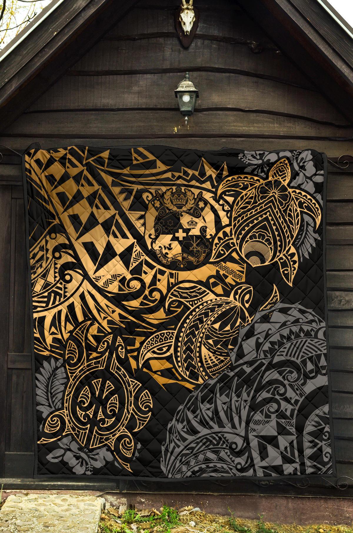 Tonga Polynesian Premium Quilt - Gold Turtle Flowing - Polynesian Pride
