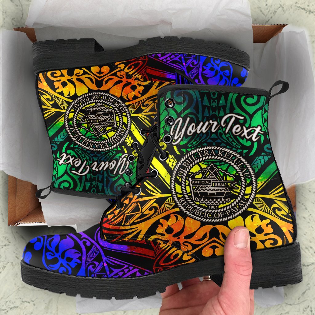 Palau Custom Personalised Leather Boots - Rainbow Polynesian Pattern Rainbow - Polynesian Pride