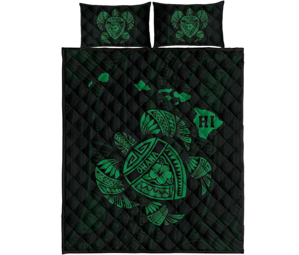 Hawaii Turtle Hibicus Map Quilt Bed Set - Green Green - Polynesian Pride