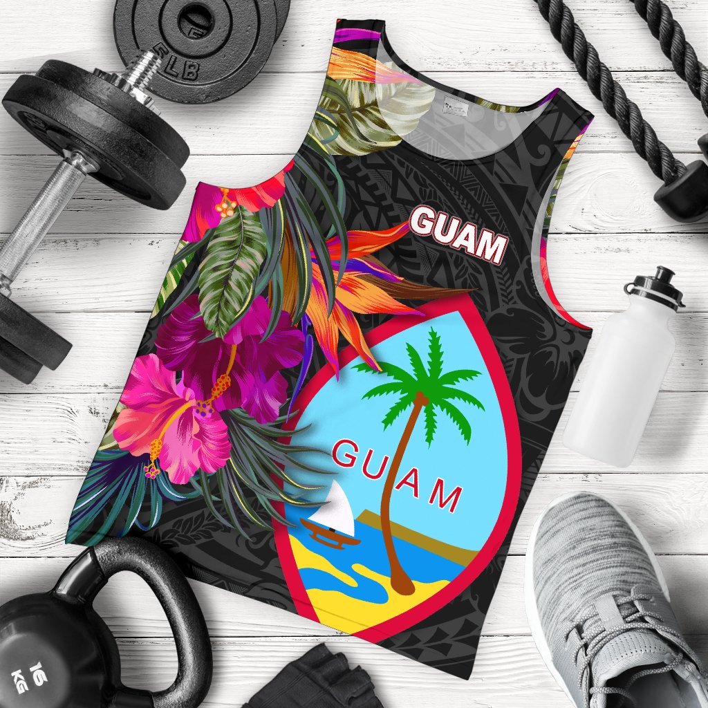 Guam Men's Tank Top - Hibiscus Polynesian Pattern Black - Polynesian Pride
