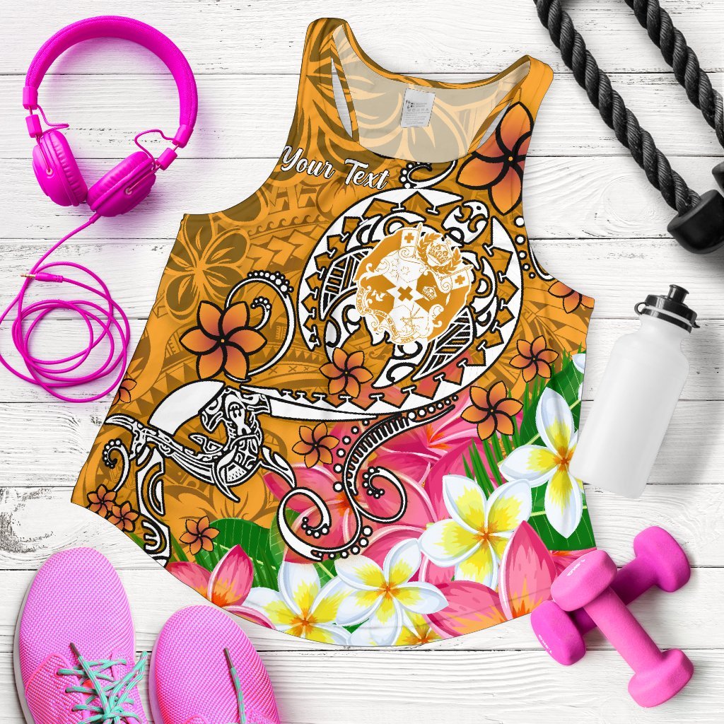 Tonga Custom Personalised Women's Racerback Tank - Turtle Plumeria (Gold) Gold - Polynesian Pride