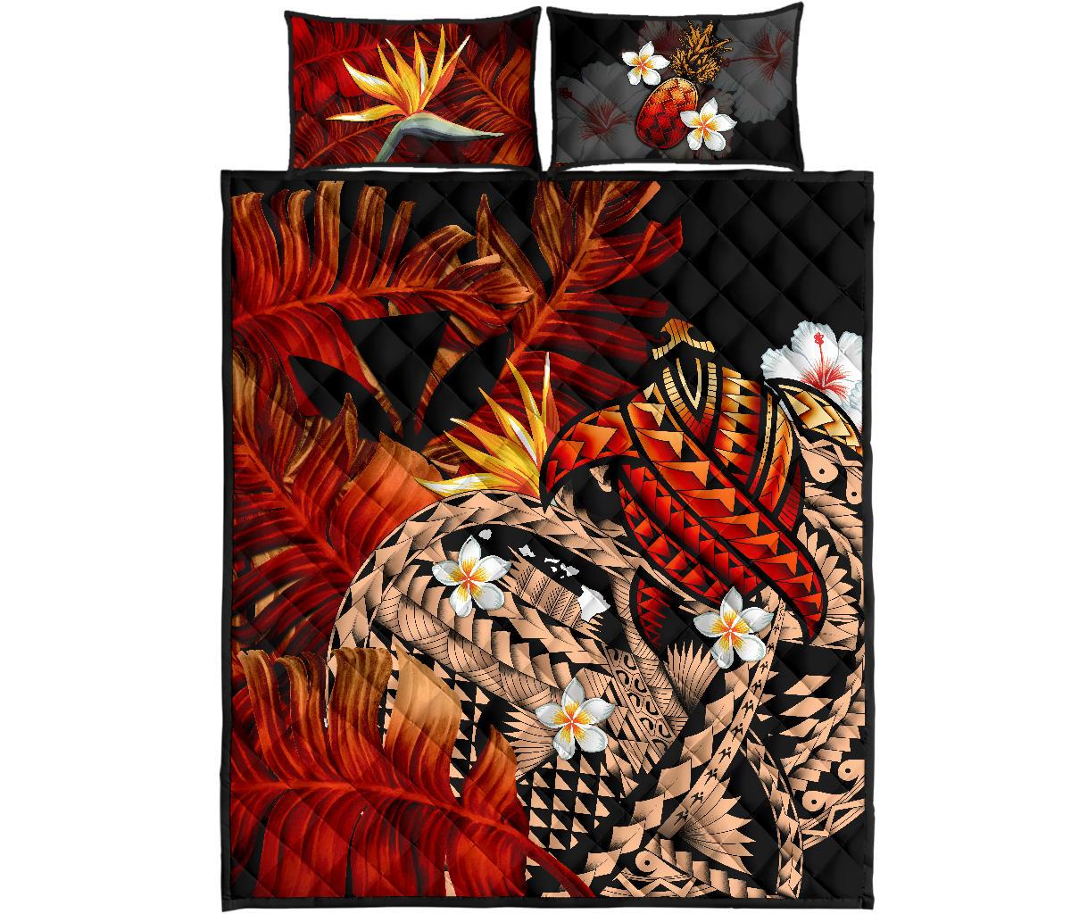 Kanaka Maoli (Hawaiian) Quilt Bed Set, Polynesian Pineapple Banana Leaves Turtle Tattoo Red Red - Polynesian Pride
