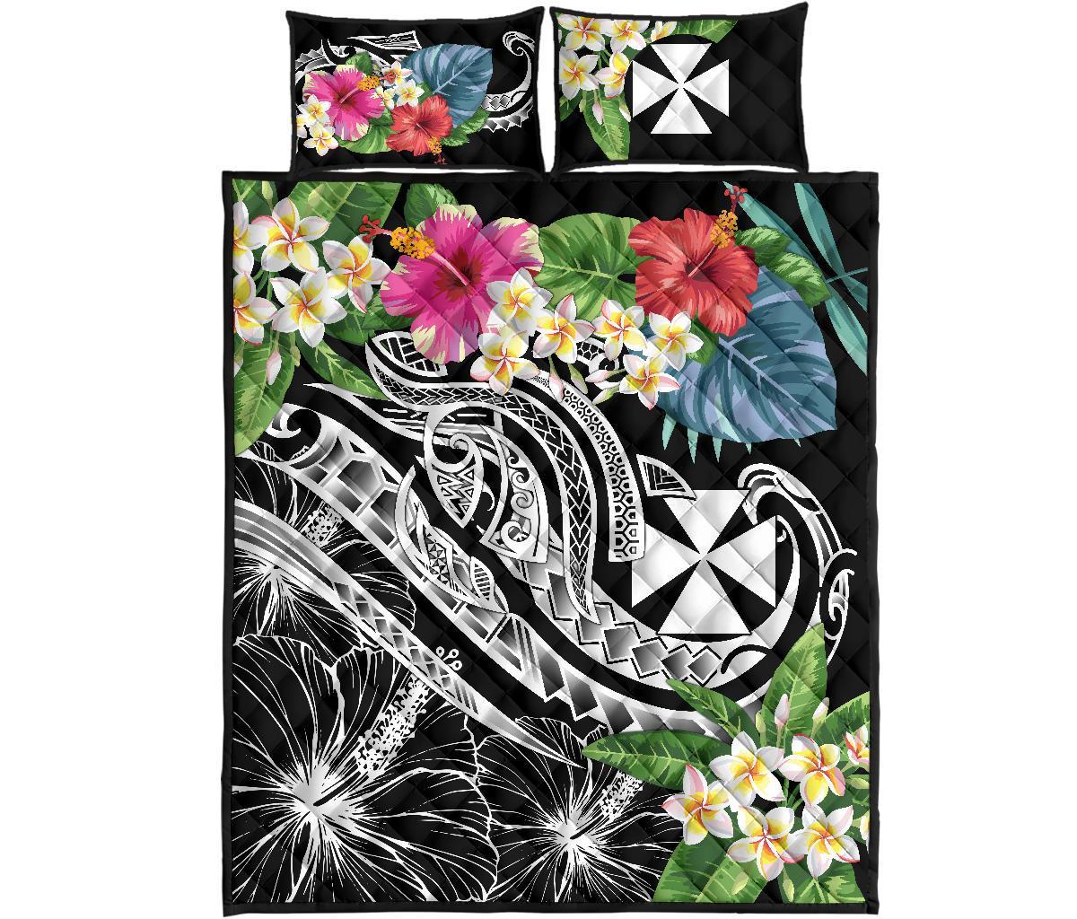 Wallis and Futuna Polynesian Quilt Bed Set - Summer Plumeria (Black) - Polynesian Pride