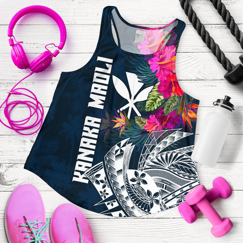 Hawaii Women's Racerback Tank - Polynesian Hibiscus with Summer Vibes Blue - Polynesian Pride