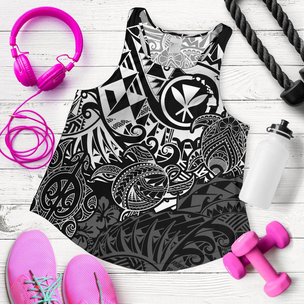 Polynesian Hawaii (Kanaka Maoli) Women's Racerback Tank - Black Turtle Hibiscus Flowing Black - Polynesian Pride