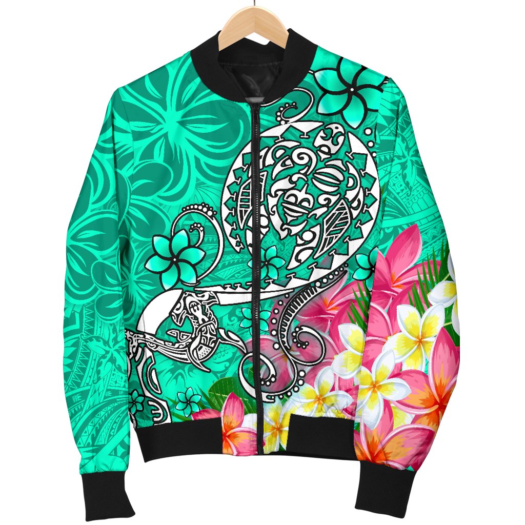 Polynesian Men's Bomber Jacket - Turtle Plumeria Turquoise Color - Polynesian Pride