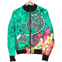 Polynesian Men's Bomber Jacket - Turtle Plumeria Turquoise Color - Polynesian Pride
