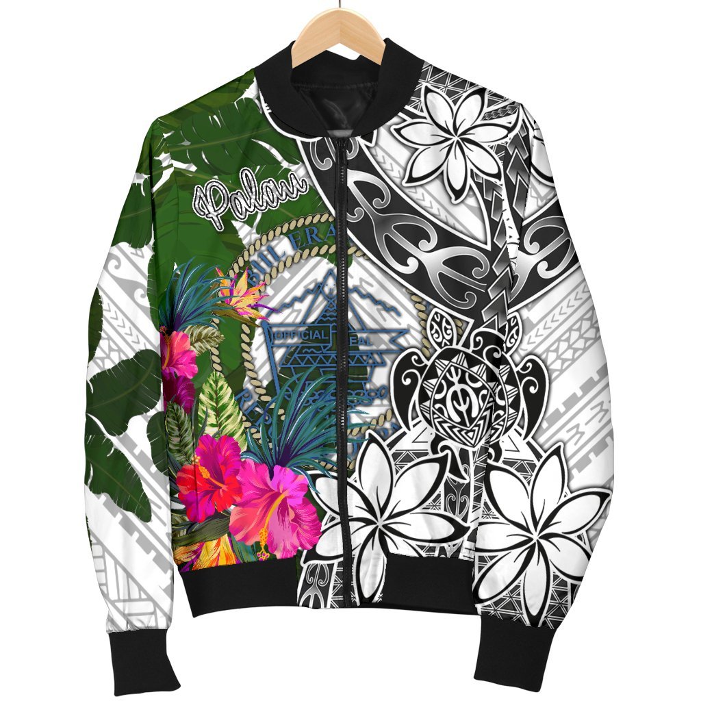 Palau Men's Bomber Jacket White - Turtle Plumeria Banana Leaf Crest - Polynesian Pride