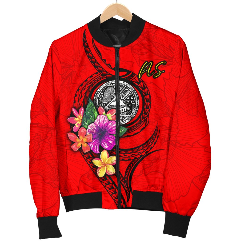 American Samoa Polynesian Men's Bomber Jacket - Floral With Seal Red - Polynesian Pride