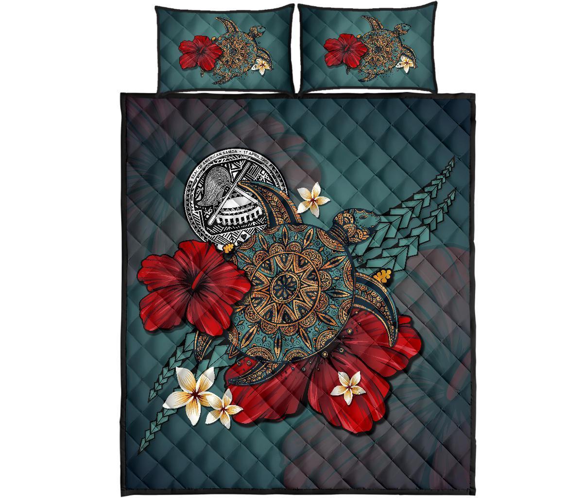 American Samoa Quilt Bed Set - Blue Turtle Tribal Blue - Polynesian Pride