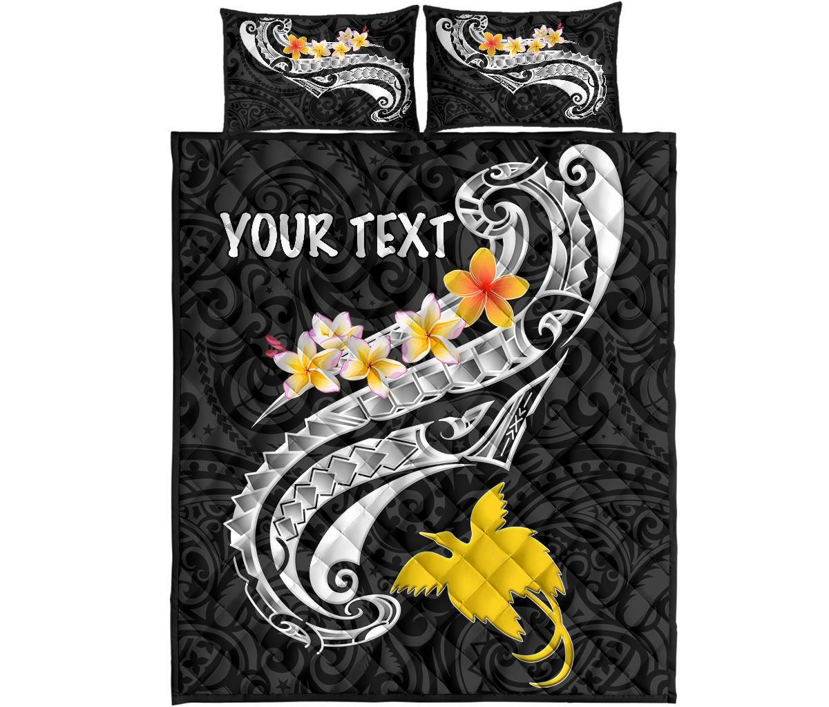 Papua New Guinea Custom Personalised Quilt Bed Set - PNG Seal Polynesian Patterns Plumeria (Black) - Polynesian Pride