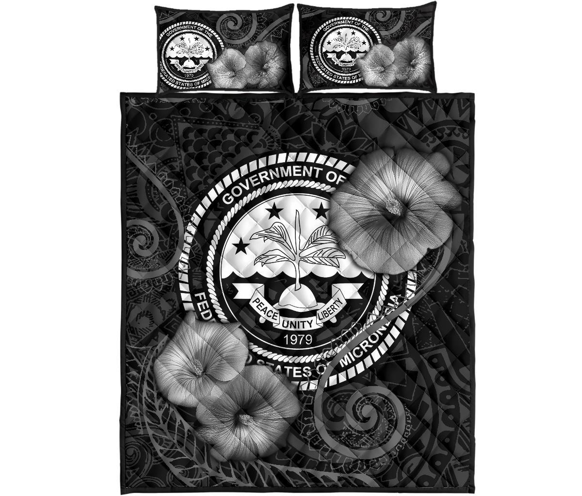Federated States Of Micronesia Quilt Bed Set - Federated States Of Micronesia Seal & Black Hibiscus - Polynesian Pride