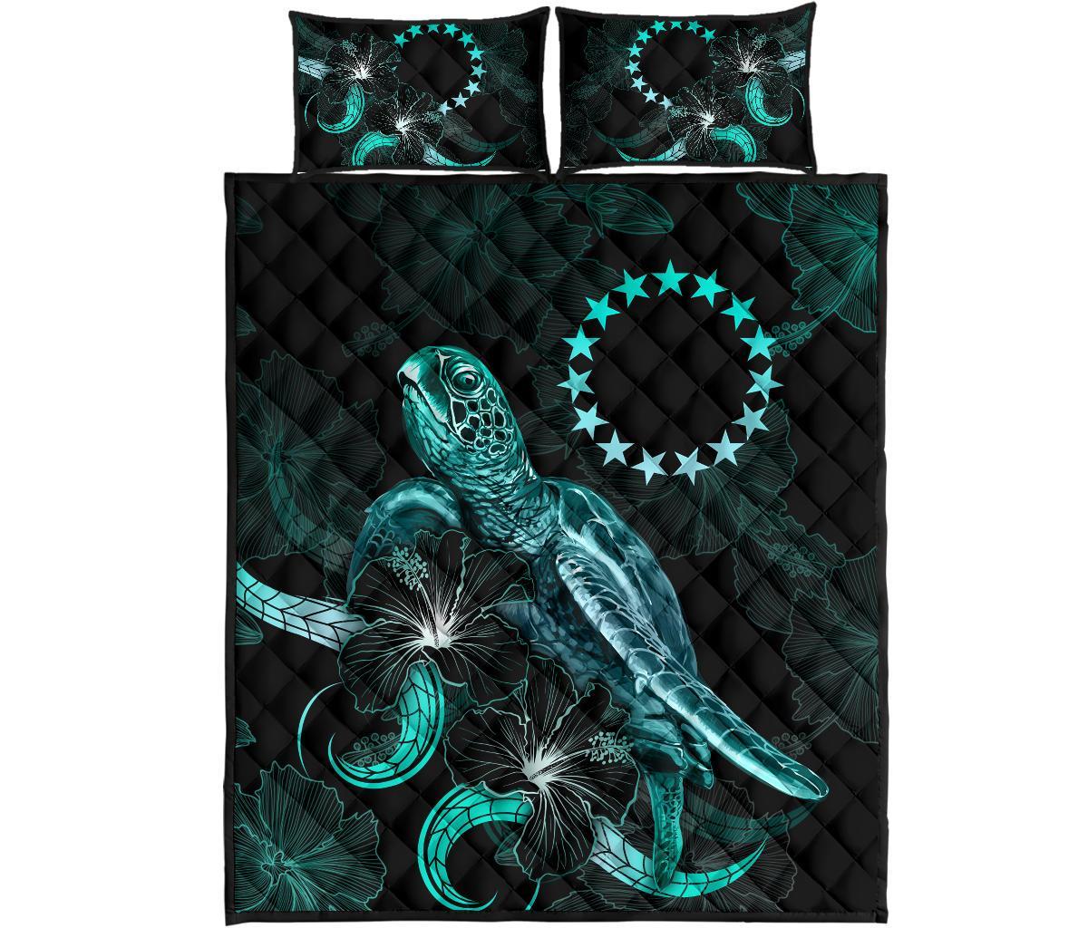 Cook Islands Polynesian Quilt Bed Set - Turtle With Blooming Hibiscus Turquoise - Polynesian Pride