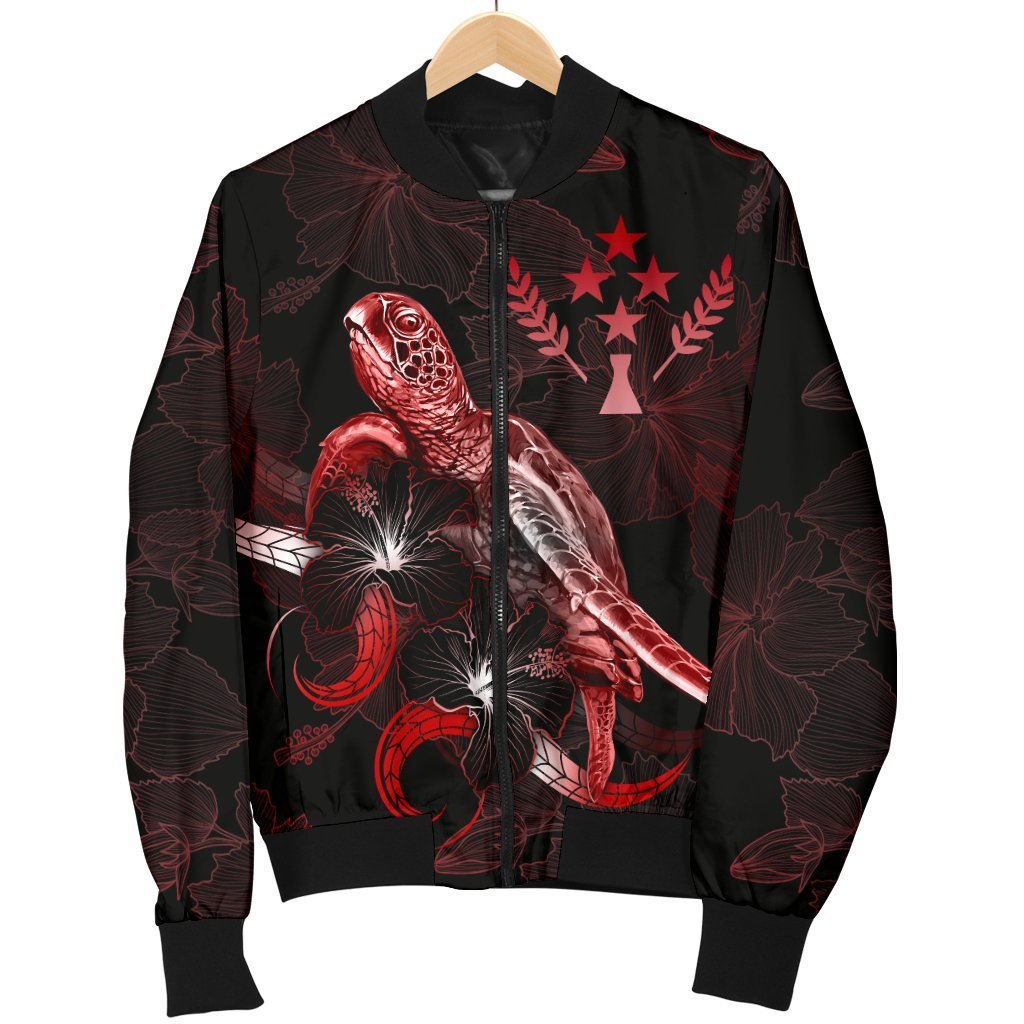 Kosrae Polynesian Men's Bomber Jacket - Turtle With Blooming Hibiscus Red - Polynesian Pride