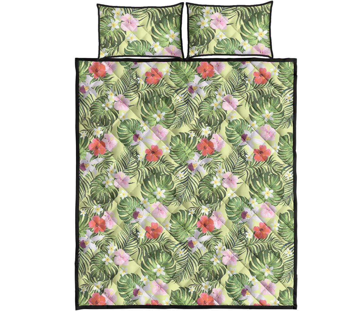 Hawaii Quilt Bed Set Tropical Hibiscus Plumeria Green AH - Polynesian Pride