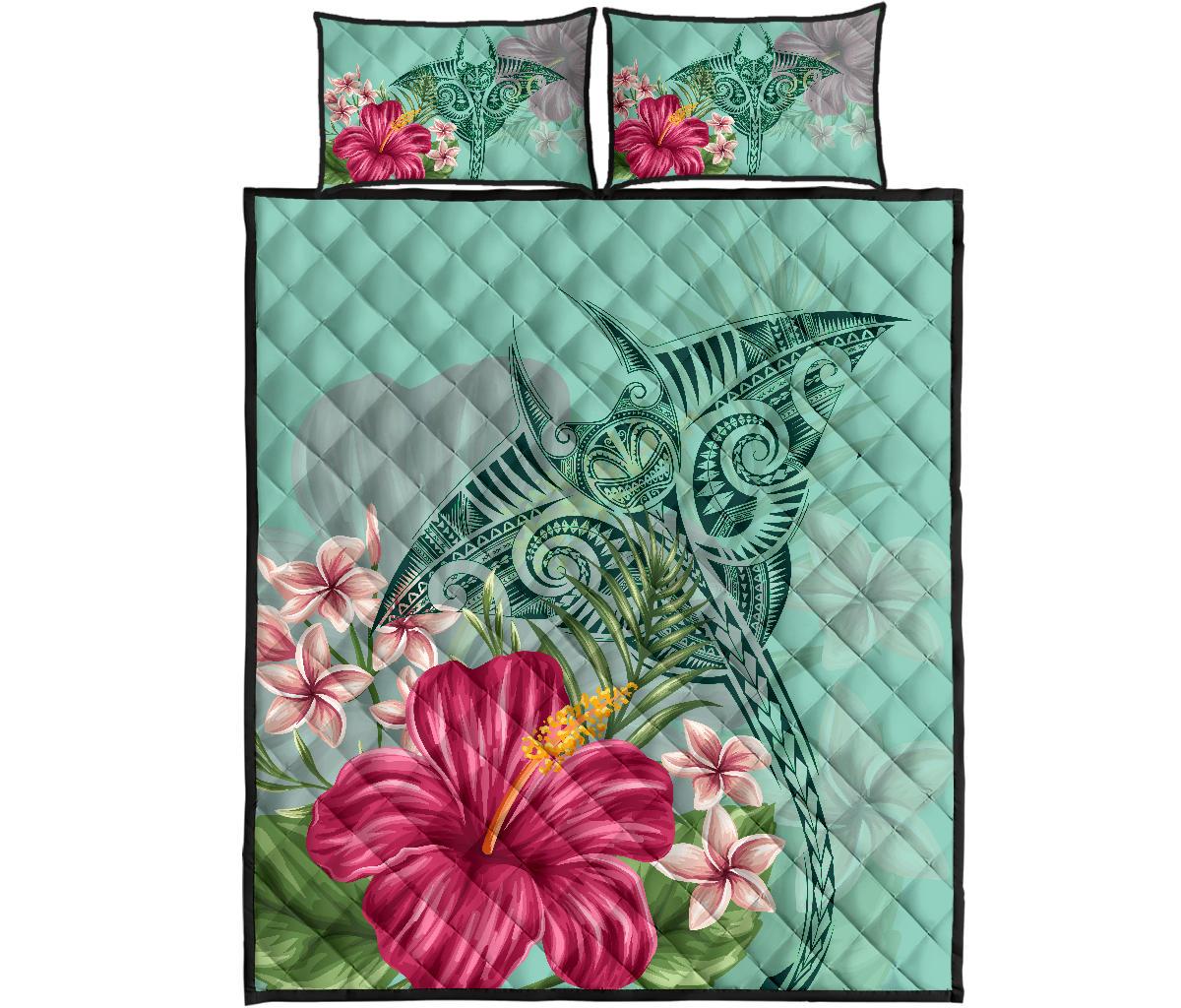 Hawaii Manta Ray Tropical Hibiscus Plumeria Quilt Bed Set Pastel - Polynesian Pride