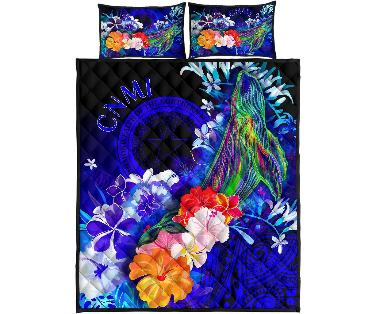 CNMI Quilt Bed Set - Humpback Whale with Tropical Flowers (Blue) - Polynesian Pride