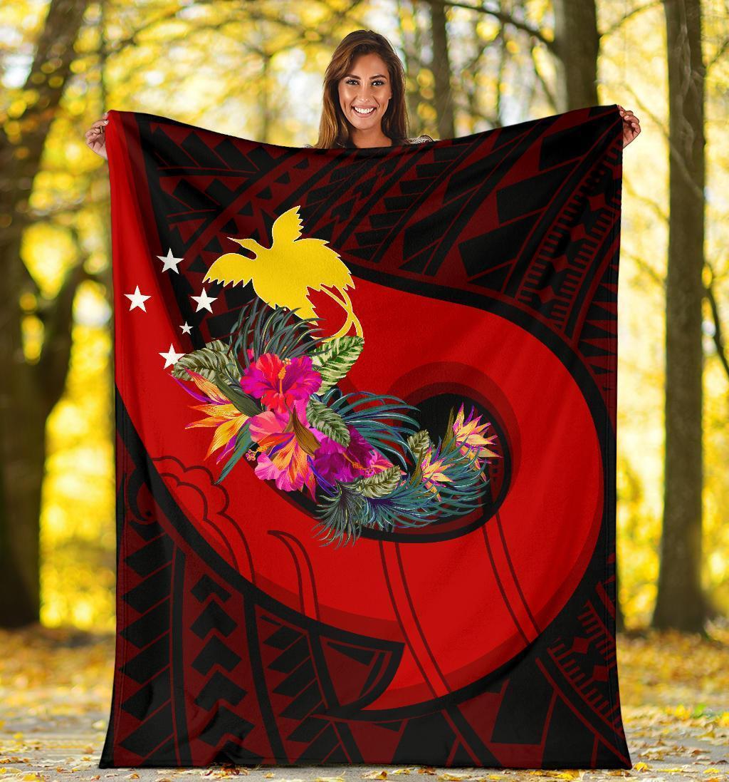 Papua New Guinea Premium Blanket - Polynesian Hook And Hibiscus (Red) - Polynesian Pride