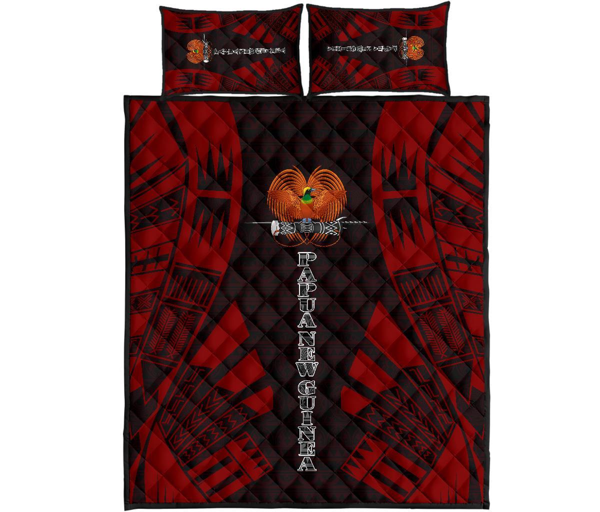 Papua New Guinea Quilt Bed Set - Papua New Guinea Coat Of Arms & Polynesian Red Tattoo Style Art - Polynesian Pride