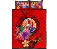 Tahiti Polynesian Quilt Bed Set - Floral With Seal Red - Polynesian Pride