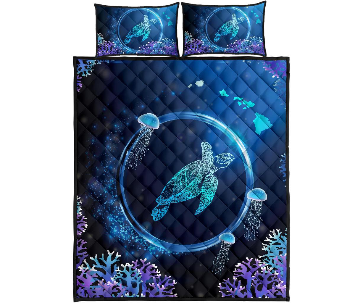 Hawaii Turtle Jellyfish Coral Galaxy Quilt Bed Set - Polynesian Pride