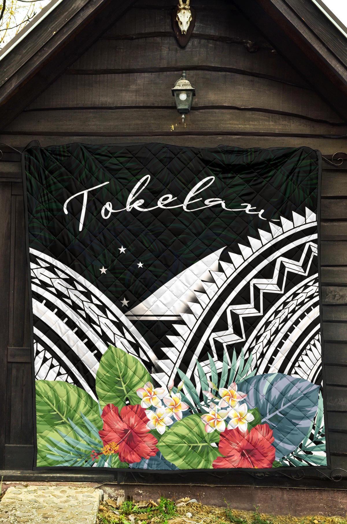 Tokelau Premium Quilt - Tokelau Coat of Arms & Polynesian Tropical Flowers White - Polynesian Pride