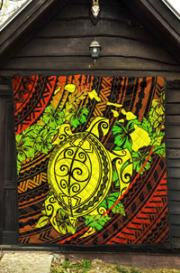 Hawaii Polynesian Premium Quilt - Hawaii Yellow Turtles Map & Green Hibiscus - Polynesian Pride