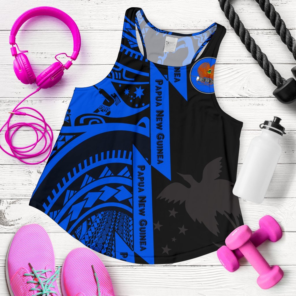 Polynesian Guinea Women's Racerback Tank - Moana Maui Tattoo With Coat Of Arm Guinea Blue Red - Polynesian Pride