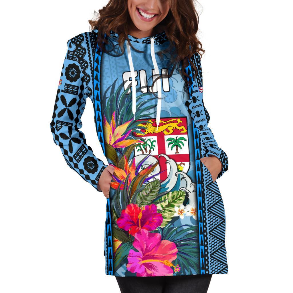Fiji Women'S Hoodie Dress Coat Of Arms Polynesian With Hibiscus And Waves - Polynesian Pride