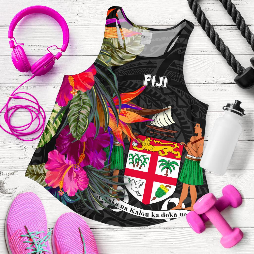 Fiji Women's Racerback Tank - Polynesian Hibiscus Pattern Black - Polynesian Pride