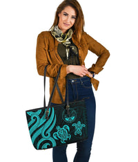 Marshall Islands Large Leather Tote Bag - Tentacle Turtle Turquoise - Polynesian Pride