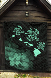 Hawaii Hibiscus Map Polynesian Ancient Turquoise Premium Quilt - Polynesian Pride