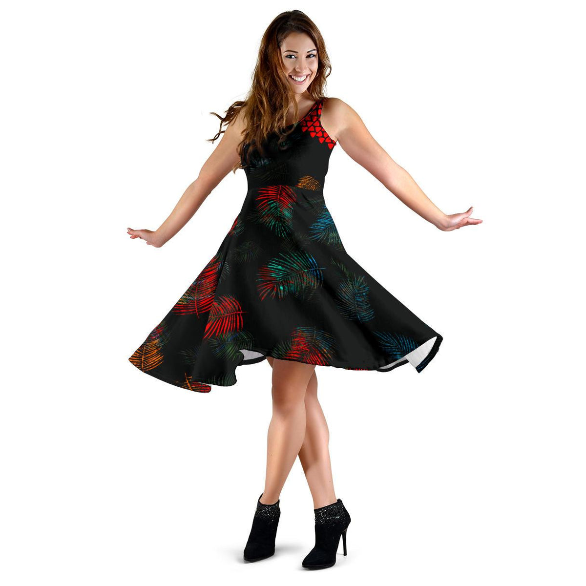 Polynesian Midi Dress - Red Blue Palm Leave - Polynesian Pride