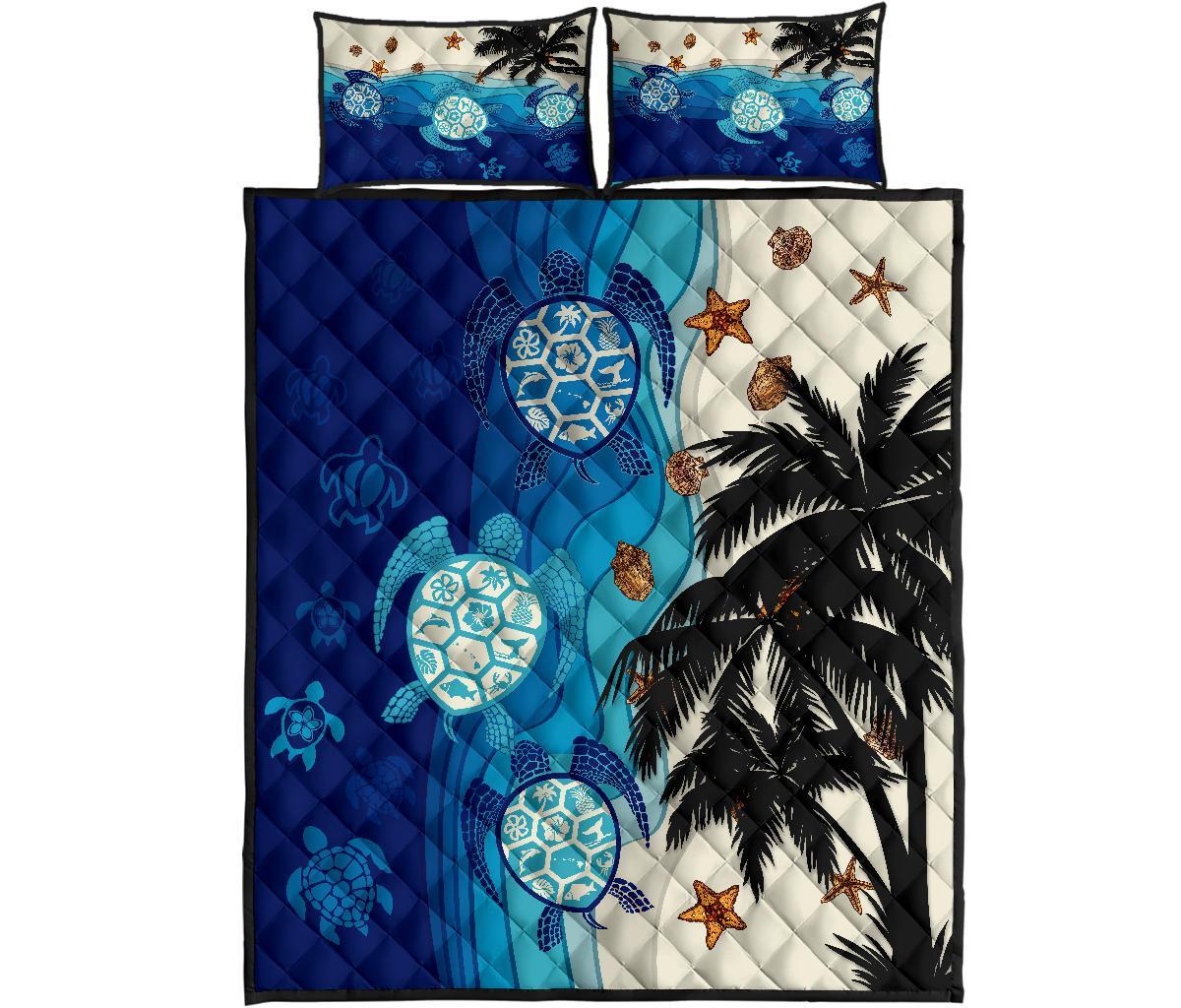 Hawaiian Sea Turtle Symbol Palm Quilt Bed Set Blue - Polynesian Pride