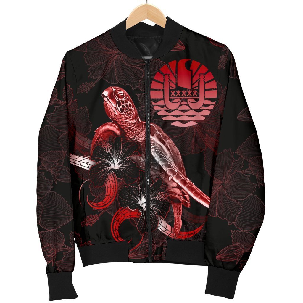 Tahiti Polynesian Men's Bomber Jacket - Turtle With Blooming Hibiscus Red - Polynesian Pride