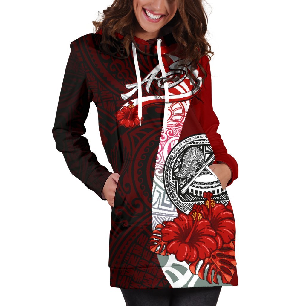 American Samoa Polynesian Hoodie Dress - Coat Of Arm With Hibiscus - Polynesian Pride