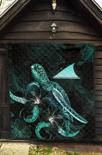 Tokelau Polynesian Premium Quilt - Turtle With Blooming Hibiscus Turquoise - Polynesian Pride