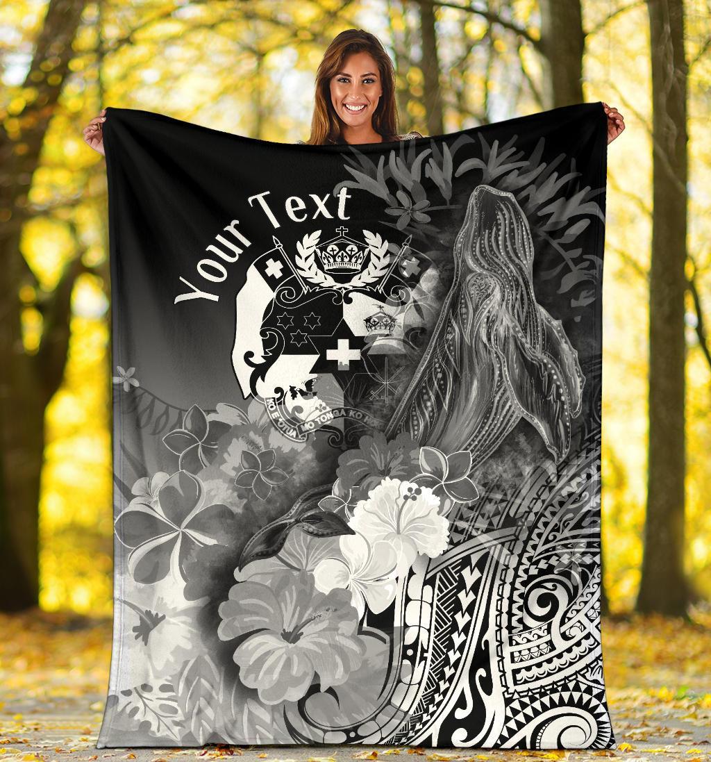 Tonga Custom Personalised Premium Blanket - Humpback Whale with Tropical Flowers (White) - Polynesian Pride