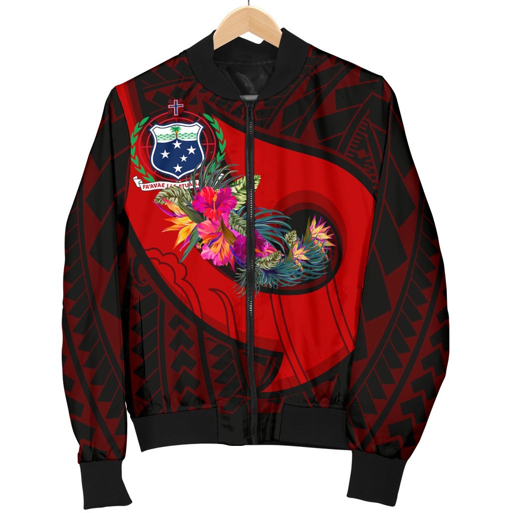 Samoa Men's Bomber Jacket - Polynesian Hook And Hibiscus (Red) - Polynesian Pride