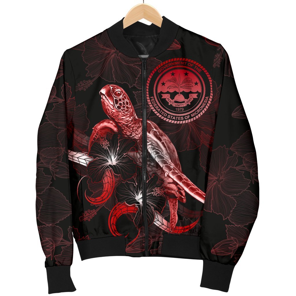 Federated States of Micronesia Polynesian Men's Bomber Jacket - Turtle With Blooming Hibiscus Red - Polynesian Pride