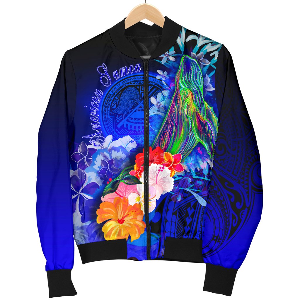 American Samoa Polynesian Men's Bomber Jacket - Humpback Whale with Tropical Flowers (Blue) - Polynesian Pride