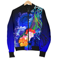 American Samoa Polynesian Men's Bomber Jacket - Humpback Whale with Tropical Flowers (Blue) - Polynesian Pride
