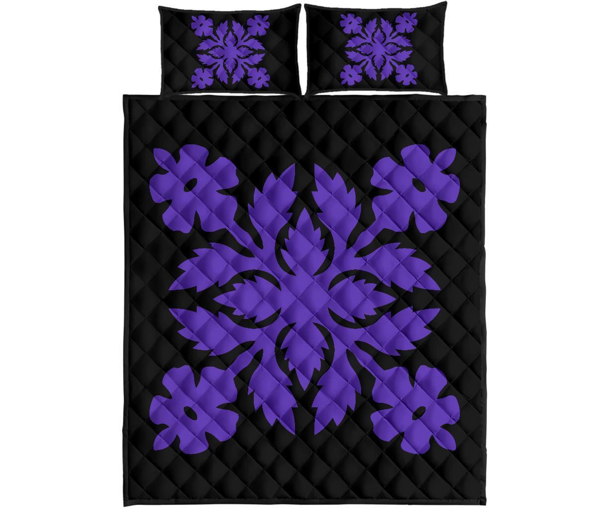 Hawaiian Quilt Bed Set Royal Pattern - Black And Purple - B2 Style - Polynesian Pride